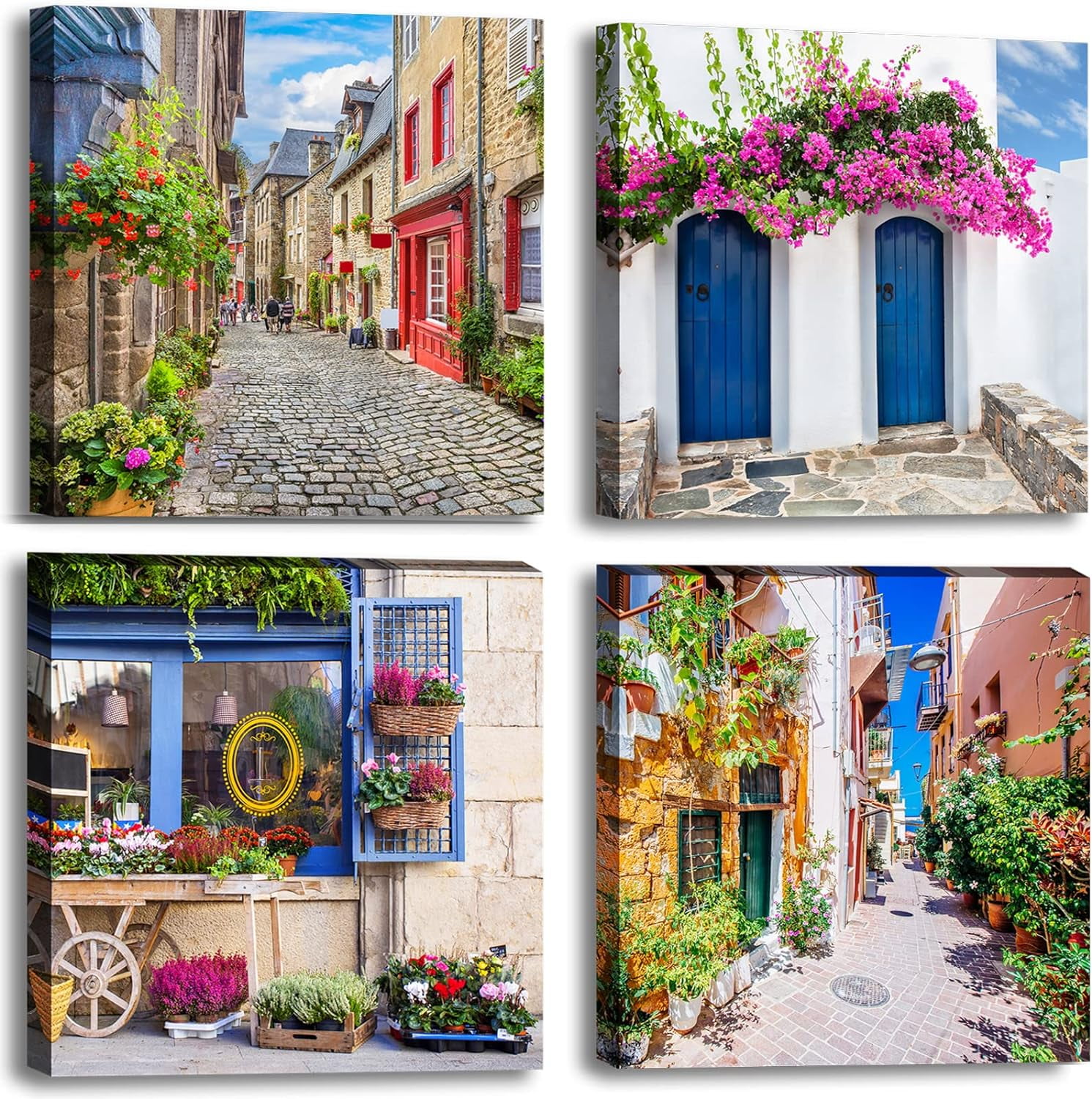 Colorful Tuscan Street Landscape Framed Canvas Prints, 12" x 12"