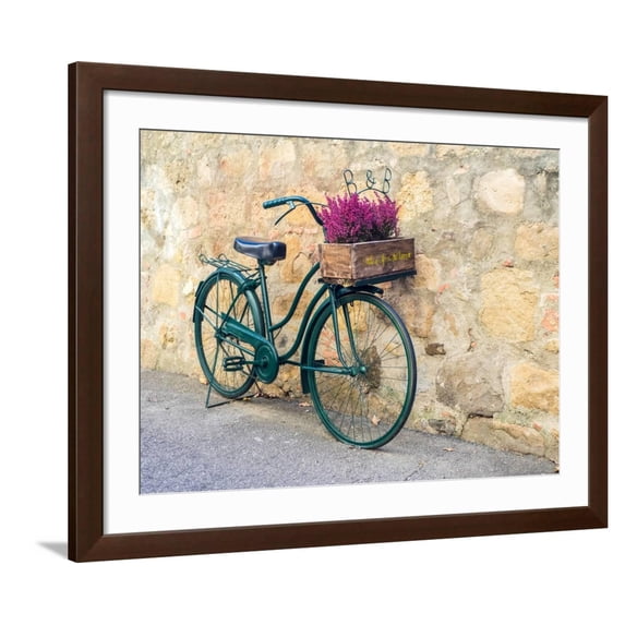 Art.com Italy, Tuscany, Monticchiello. Bicycle with bright pink heather in the basket. Photographic Print by Julie Eggers, Brown Frame Wall Art, 40" x 32"