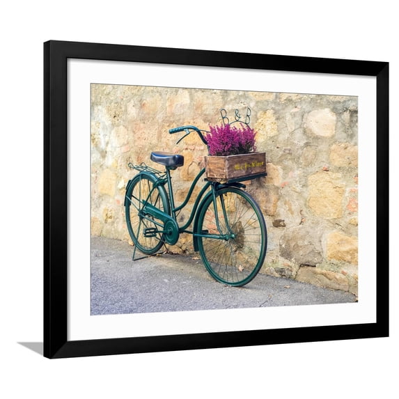 Art.com Italy, Tuscany, Monticchiello. Bicycle with bright pink heather in the basket. Photographic Print by Julie Eggers, Black Frame Wall Art, 40" x 32"