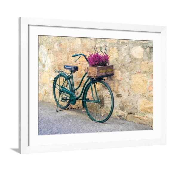 Art.com Italy, Tuscany, Monticchiello. Bicycle with bright pink heather in the basket. Photographic Print by Julie Eggers, White Frame Wall Art, 40" x 32"