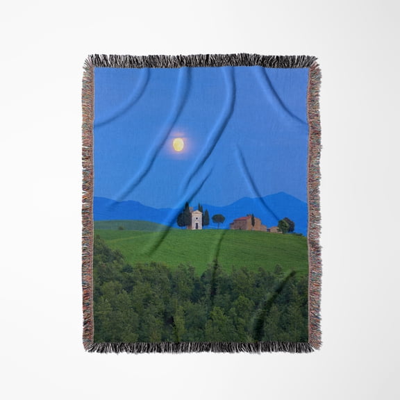 Italy, Tuscany, Val Dorcia. Moonrise Over Chapel Of Vitaleta, Woven Blanket