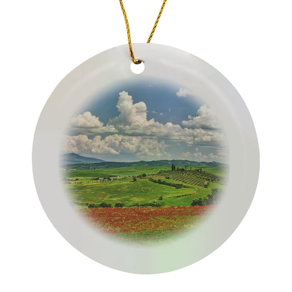 3drose, Italy, Tuscany. View of Tuscan Valley and Villa with Spring Poppies, Circle Porcelain Ornament