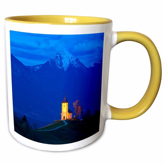3drose, Italy, Val Badia. St. Barbara Church Illuminated at Sunset, 11oz Two-tone Yellow Mug