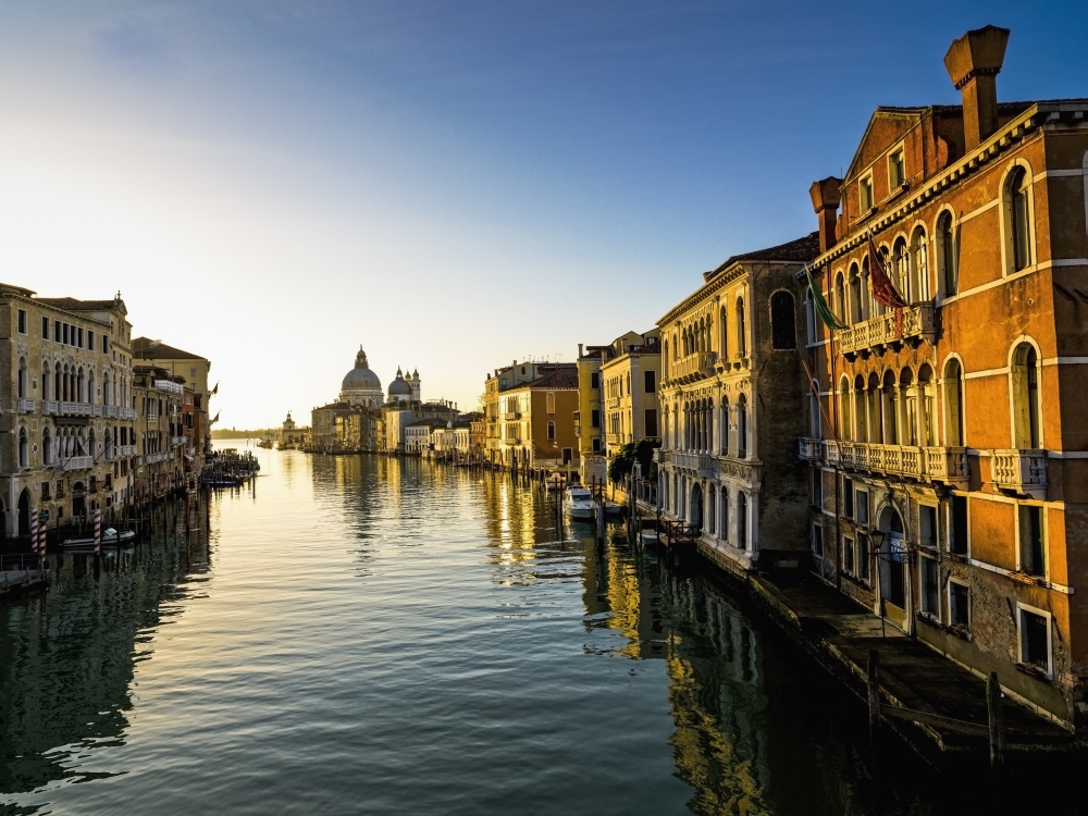 Italy Venice Buildings along canal at sunset Canvas Art - Richard Desmarais Design Pics (34 x 26)