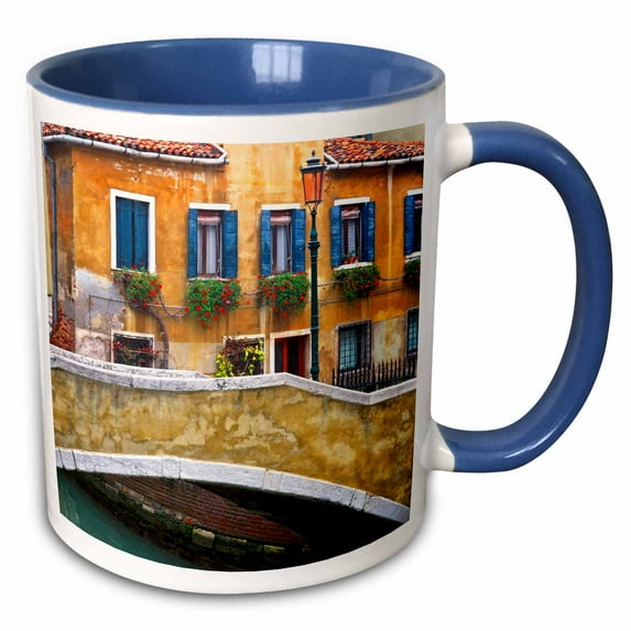 Italy, Venice. Canal bridge and buildings. 15oz Two-Tone Blue Mug mug-330172-11