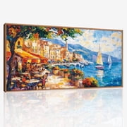 TOARTi Italian Town Framed Canvas Wall Art Abstract Mediterranean Coastal Cityscape Painting Italy Wall Decor for Living Room Bedroom Office 20x40 Inch