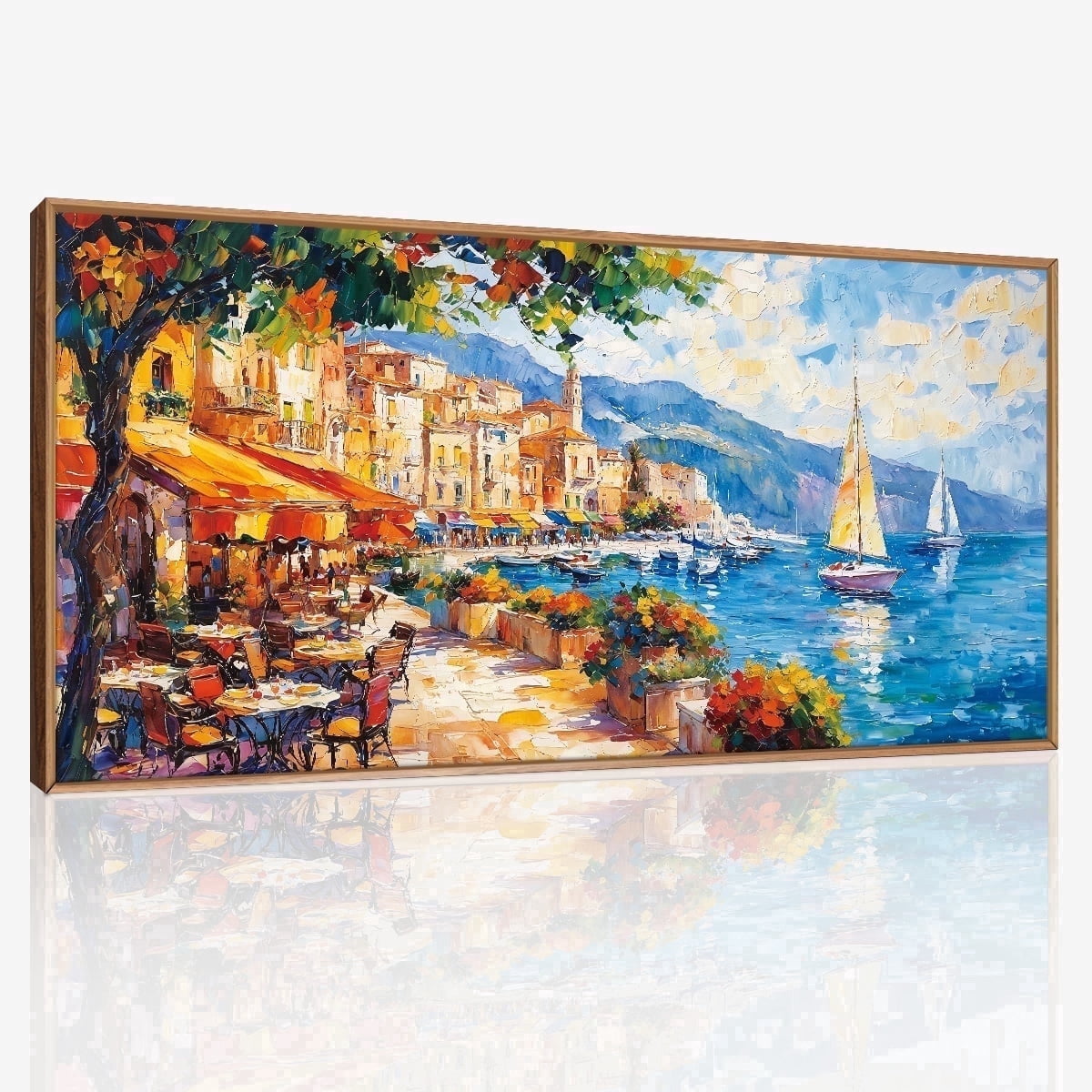 TOARTi Italian Town Framed Canvas Wall Art Abstract Mediterranean Coastal Cityscape Painting Italy Wall Decor for Living Room Bedroom Office 20x40 Inch
