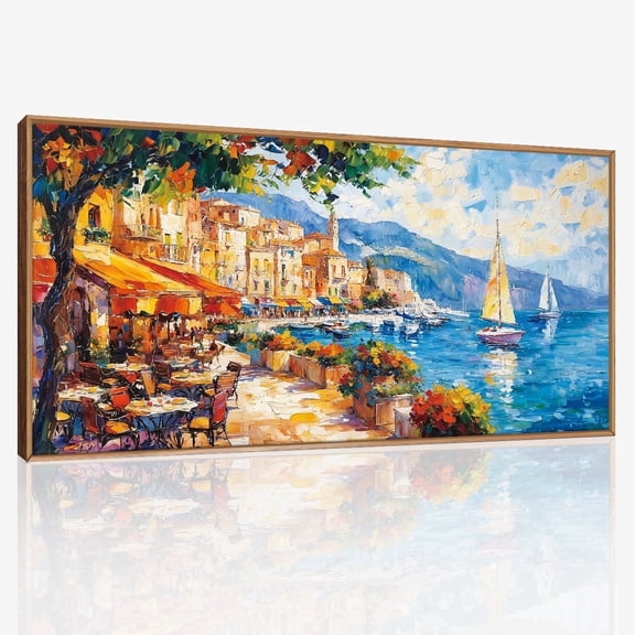 TOARTi Italian Town Framed Canvas Wall Art Abstract Mediterranean Coastal Cityscape Painting Italy Wall Decor for Living Room Bedroom Office 20x40 Inch