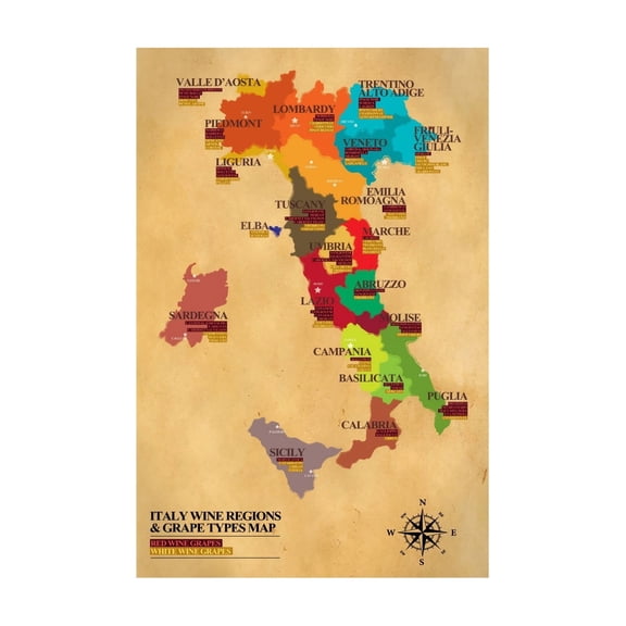 Italy Wine Region Map Metal Sign Grape Varieties and Regions Guide Classic Italian Vineyard Wall Art for Home Decor 8 X 12 in