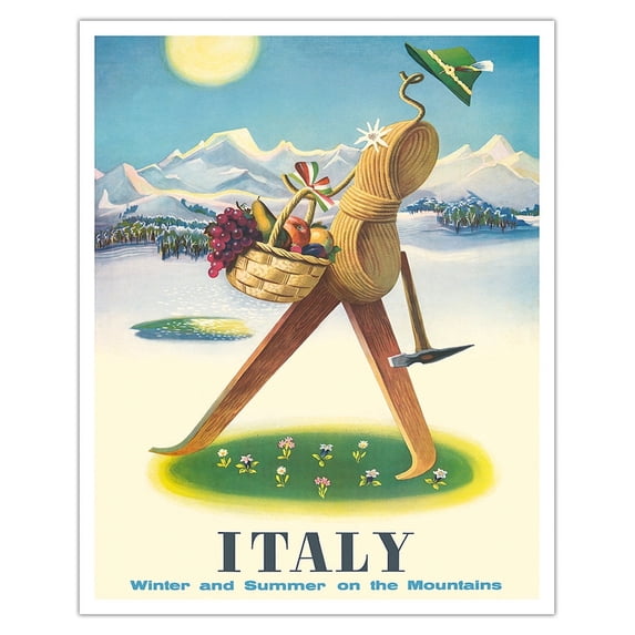 Italy - Winter and Summer On The Mountains - Vintage Travel Poster by Delfo Previtali c.1960 - Fine Art Matte Paper Print (Unframed) 16x20in