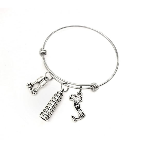 Italy themed bracelet. Includes Italy Country, Leaning Tower of Pisa, and glasses with Cheers. Gift for Italian.