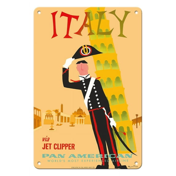Italy via Jet Clipper - Italian Carabinieri on Leaning Tower Pisa - Vintage Airline Travel Poster by Aaron Fine c.1959 - 8 x 12 inch Vintage Metal Tin Sign