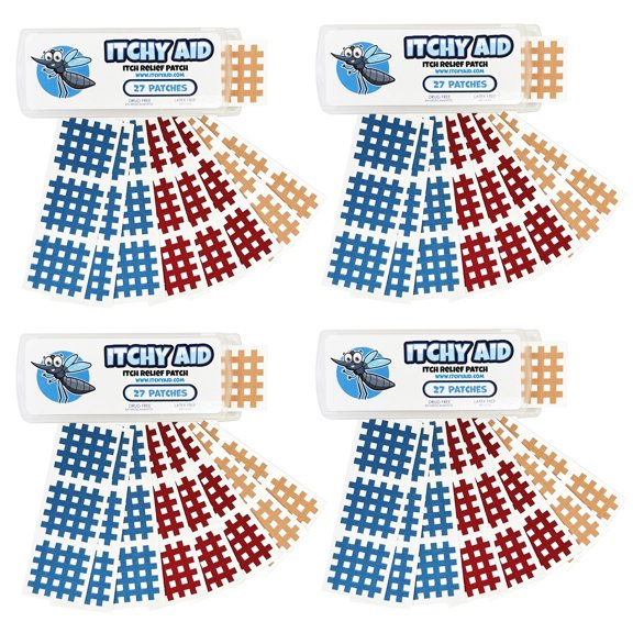 Itchy Aid Bug Bite Itch Relief Patches. 27 Stickers for Instant Reducing Itch and Swelling from Mosquitos, Midges, and Sandflies. Kid Friendly Colorful After Bite Treatment - 4 Pack