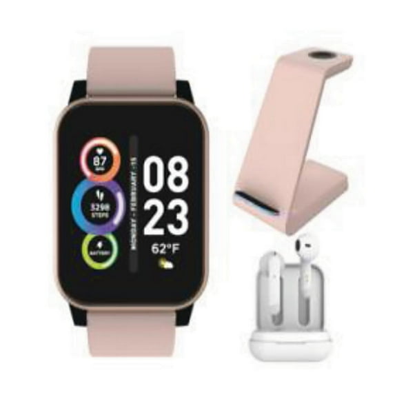 Itech Fusion 2 Unisex Adult Smartwatch w/ Bluetooth Earbuds & Charging Station, Blush