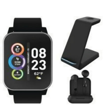 Itech Fusion 2 Unisex Adult Smartwatch w/ Bluetooth Earbuds&Charging Station,Silver/Black