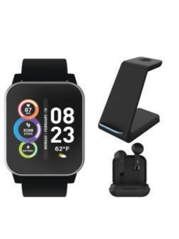 Fusion 2 Unisex Adult Smartwatch w/ Bluetooth Earbuds&Charging Station,Silver/Black