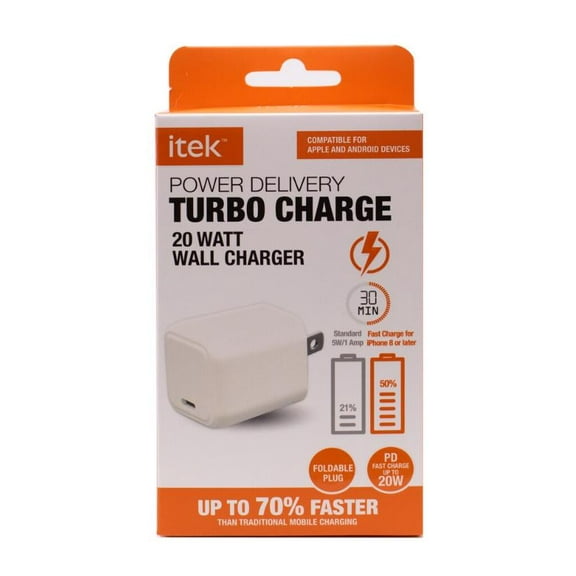 Itek PD 20 Watt Turbo Wall Charger- White Apple & Android Devices