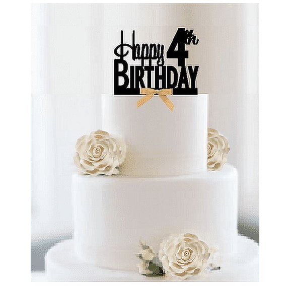 Item#004CTGR - Happy 4th Birthday Elegant Cake Decoration Topper with Gold Bow
