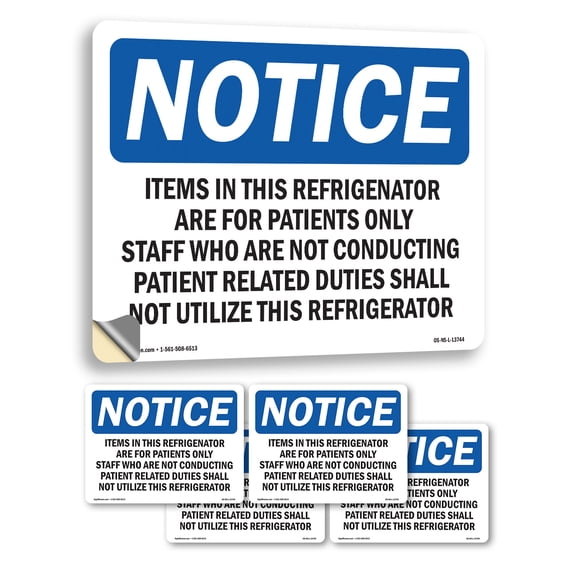 Items In This Refrigerator Are For Patients OSHA Notice Vinyl Decal Label 18 Inch x 12 Inch - 5 Pack