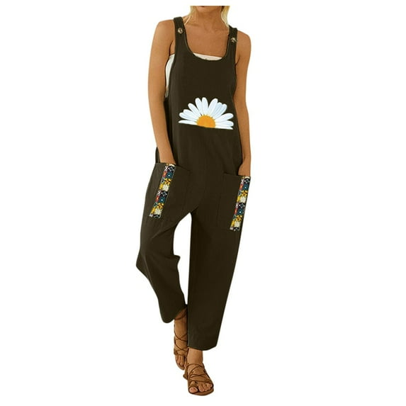 Items under $5 asdoklhq Womens Jumpsuits and Rompers,Casual Boho Floral Print Pocket Romper Long Playsuit Strap Button Jumpsuit