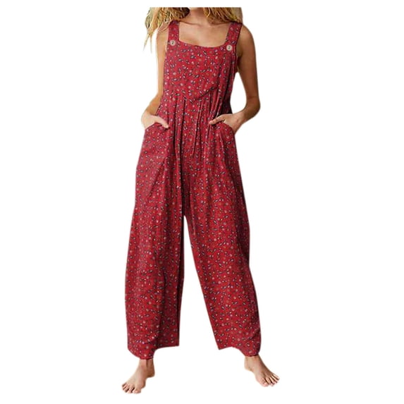 Items under $5 asdoklhq Womens Plus Capris,Women's Floral Prints Straps Wide Leg with Pockets Vintage Jumpsuit