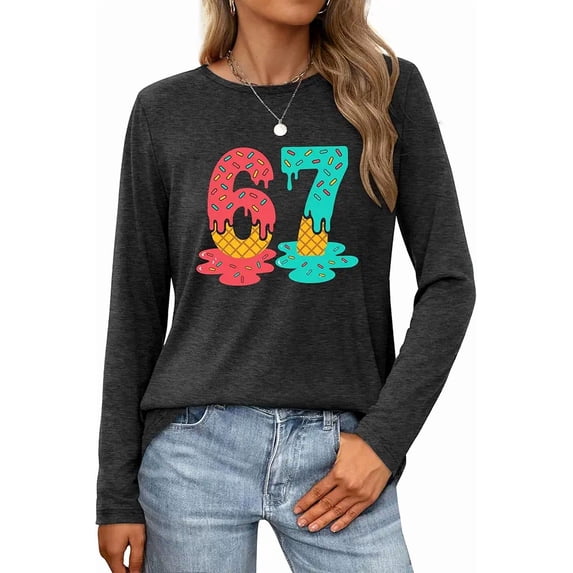 Ithalt Six Seven Ice Cream Shirts for Women Ice Cream Drip Shirt Funny 6 7 Meme Long Sleeve Tops