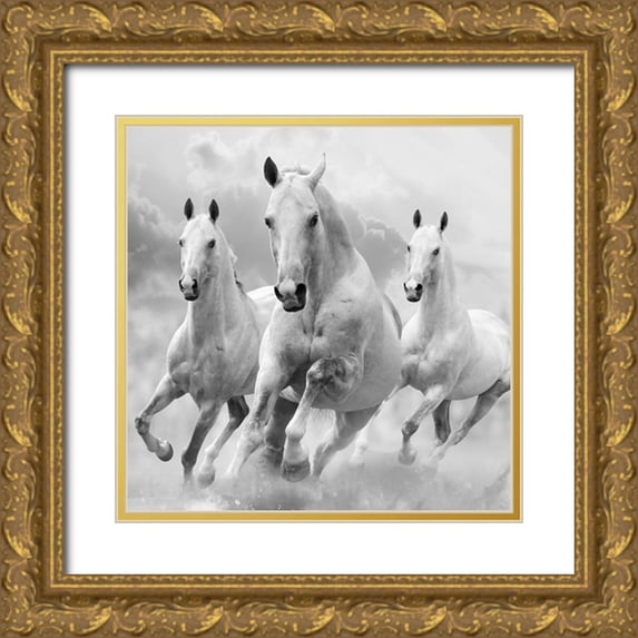 Itina, Maria 15x15 Gold Ornate Wood Framed with Double Matting Museum Art Print Titled - Three White Stallions
