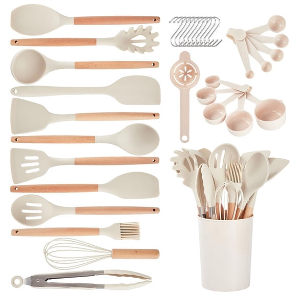 Itopfox Kitchen Utensils Set - 34 PCS Non-Stick Silicone Cooking Tools with Wooden Handle, Kitchen Gadgets for Nonstick Cookware (Cream White)
