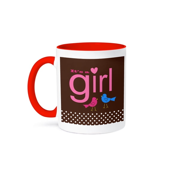 3dRose, Its a Girl - Cute Blue and Brown Birds with Heart, 15oz Two-Tone Red Mug