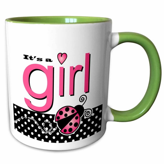 3drose, Its a Girl - Cute Pink Ladybug Black and White Polka Dots, 15oz Two-tone Green Mug