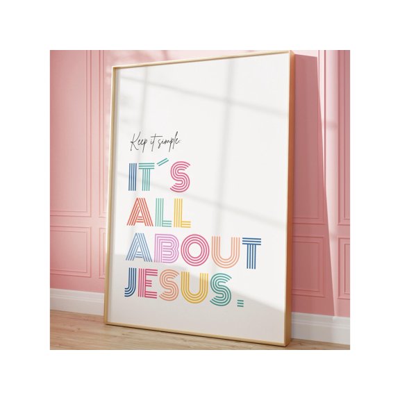 Its All About Jesus Theme Wall Art Colorful Christian Playroom Decor, Unframed Paper Poster 8x10in