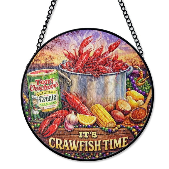 Its Crawfish Time Seafood Stained Glass Suncatcher UV Printed Glass Cajun Boil Party Decor Round