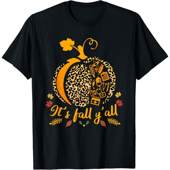 Its Fall yall Fall Nurse Scrub Tops Leopard Pumpkin Nurse T-Shirt