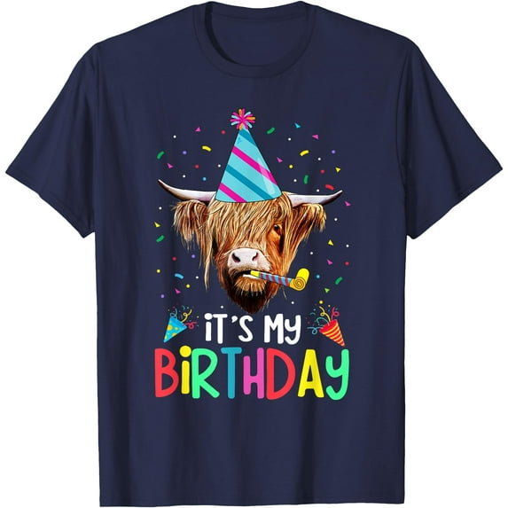 Its My Birthday Messy Hair Scottish Highland Cow Softstyle Unisex T-Shirt,Navy Color,Size YXL