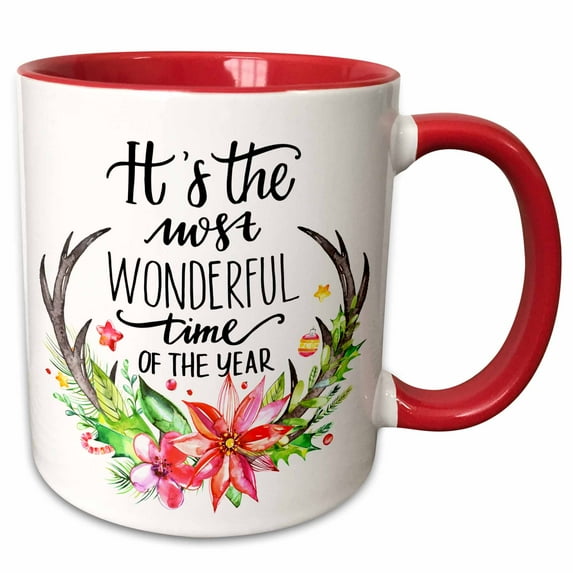 3drose, Its the Most Wonderful Time of the Year Christmas Antlers, 11oz Two-tone Red Mug