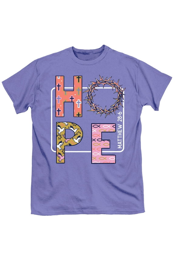 Itsa Girl Thing Easter Hope Matthew 28:6 Christian Adult Womens Short Sleeve T-Shirt, Violet- X-Large