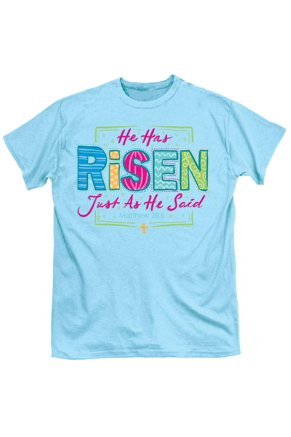 Itsa Girl Thing He Has Risen Matthew 28:6 Christian Adult Womens Short Sleeve T-Shirt, Sky- X-Large