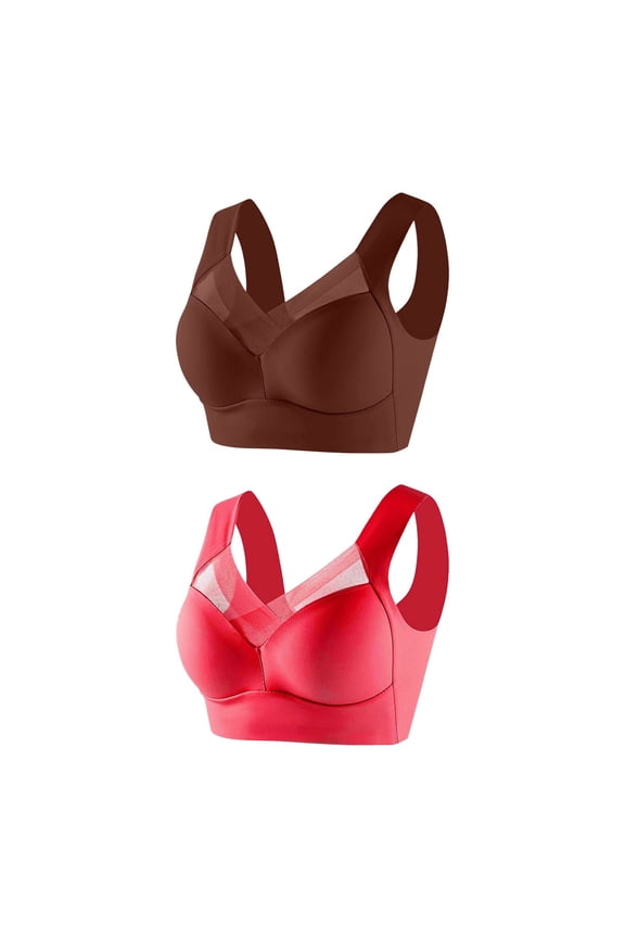2 Pack Everyday Casual Bra Set Womens Full Support Bra Tie Front Solid Color Wireless Comfort Bralette Red Size 2XL