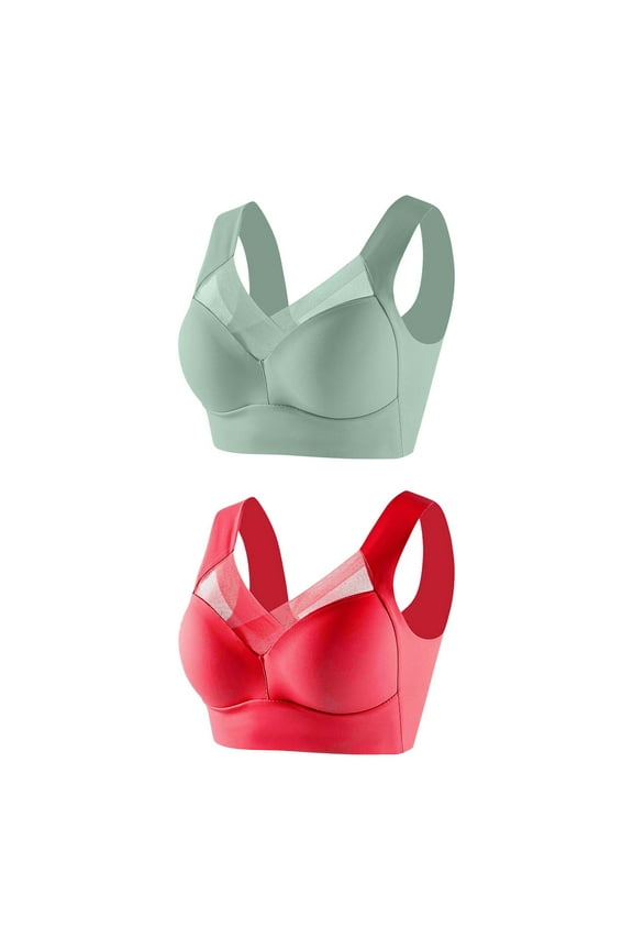 2PC Bras for Women's Full Support Everyday Casual Bra Set Tie Front Solid Color Wireless Comfort Bralette Red Size 4XL