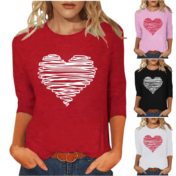 Itsame 3/4 Sleeve Heart T-Shirts Women's Valentine's Sweatshirt Loose Crew Neck Tops White Size M