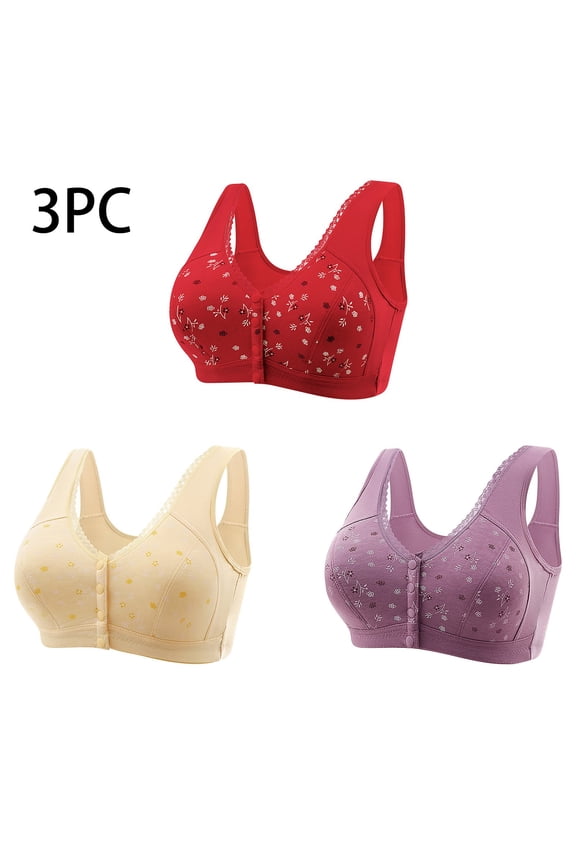 3 Pack Everyday Casual Bra Set Womens Full Support Bra Printed Cotton Wireless Comfort Bralette Red Size 2XL