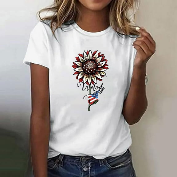 Itsame 4th of July Independence Day Printed Short Shirt Women Fourth of July Short Sleeve T-Shirt Fashionable Round Neck Blouses Multicolor Size 3XL