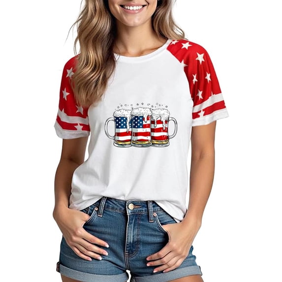 Itsame 4th of July Independence Day Printed Short Shirt Women Fourth of July Short Sleeve T-Shirt Fashionable Round Neck Blouses Red Size XL