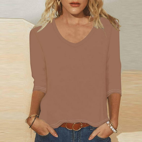 Itsame Blouses for Women, 3/4 Sleeve Solid Color V Neck Daily Casual Tees Khaki S
