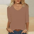 thumbnail image 1 of Itsame Blouses for Women, 3/4 Sleeve Solid Color V Neck Daily Casual Tees Khaki XL, 1 of 4