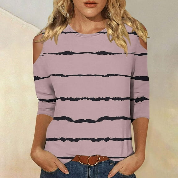 Itsame Blouses for Women, Classic Striped 3/4 Sleeve Crewneck Daily Casual Tees Pink L