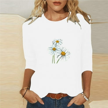 Itsame Blouses for Women, Fashion Prints 3/4 Sleeve Crewneck Daily Casual Tees White S