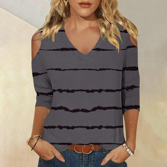 Itsame Blouses for Women, V Neck Cold Shoulder Classic Striped Daily Casual Tops Gray L