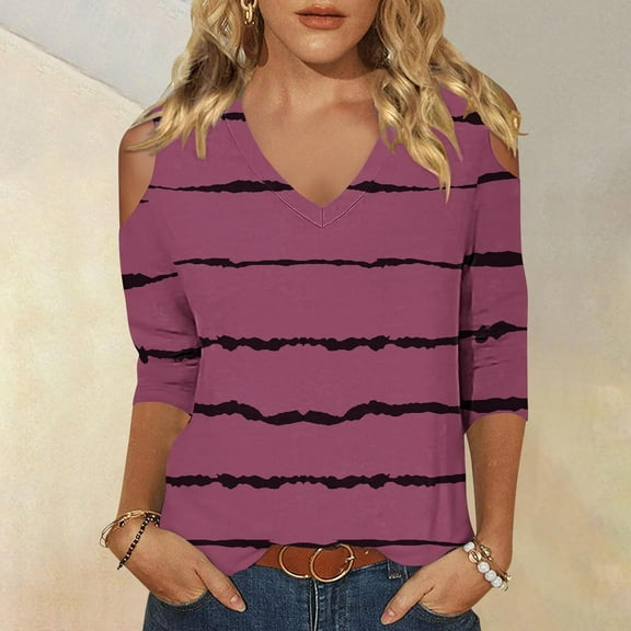 Itsame Blouses for Women, V Neck Cold Shoulder Classic Striped Daily Casual Tops Hot Pink M