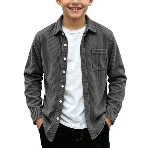 Itsame Boys Corduroy Jacket, Lapel Collar Long Sleeve Shirt Jacket, Casual Fall Winter Outwear with Pockets Dark Gray Size 12